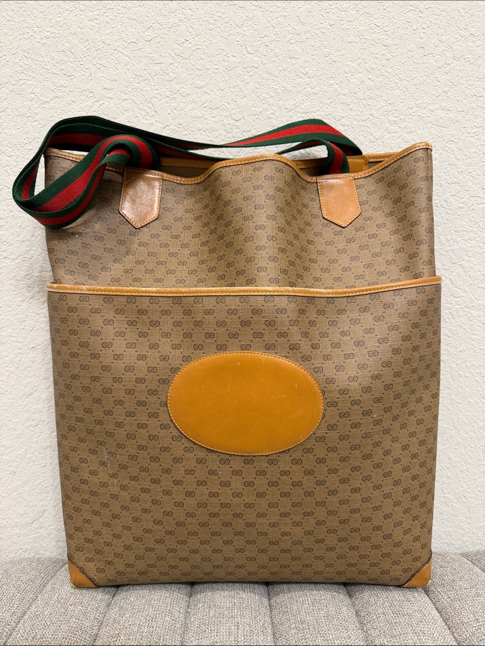 Gucci Brown Micro GG Canvas Tote with Green and Red Web Strap